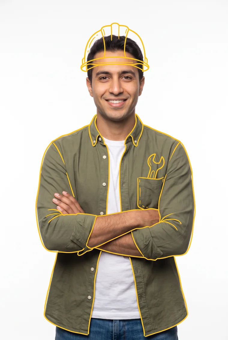 Mecánico con casco y llave dibujados